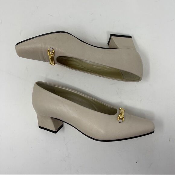 Arnold Churgin Beige Leather Pumps Gold Bar Block Heel Women's 5-1/2B Off-White - Picture 4 of 9